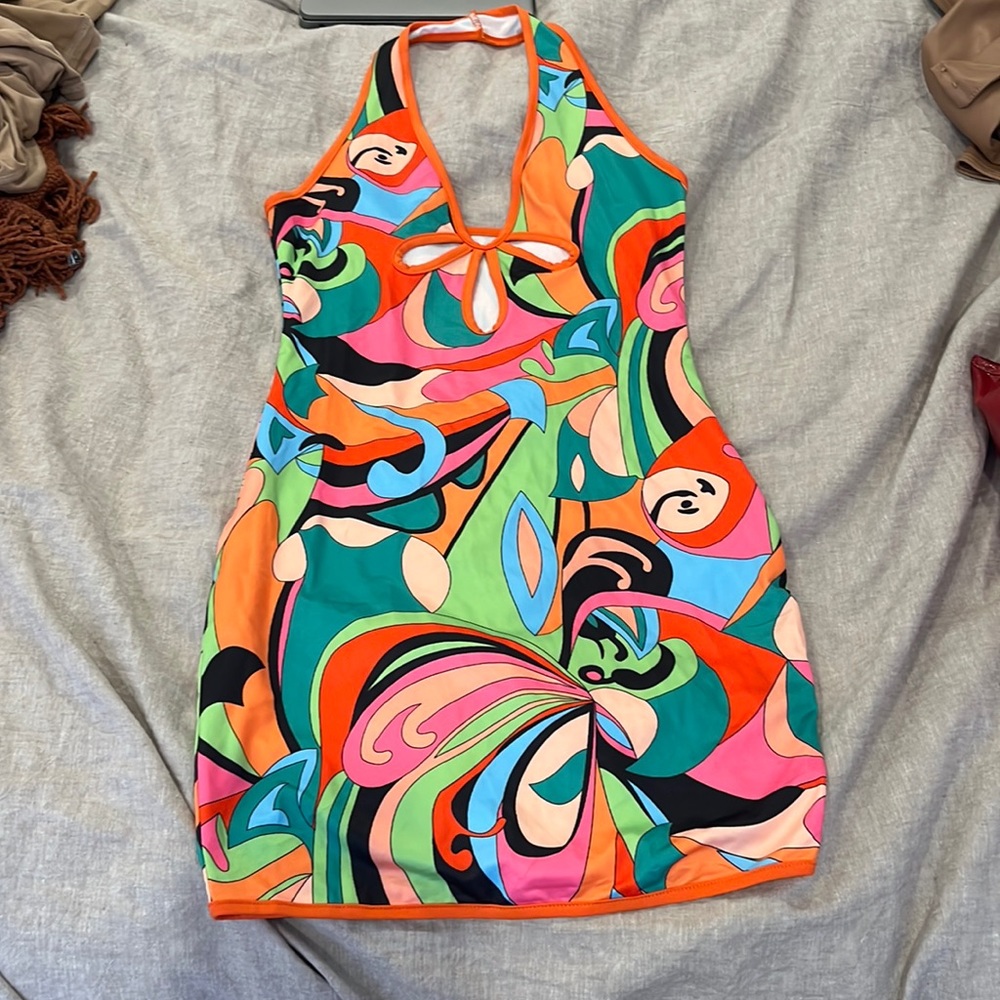 Multicolor Mini Dress | Halter Neck